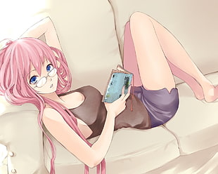 pink haired female anime character holding book