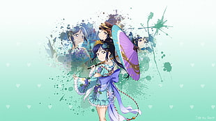 female character with umbrella digital wallpaper, Love Live! Sunshine, Matsuura Kanan, green