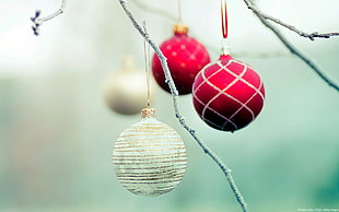 two white and two red baubles, Christmas ornaments , Christmas HD wallpaper