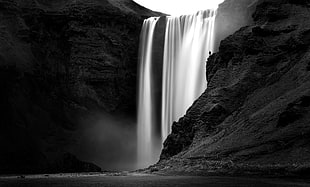 waterfalls grayscale photo, waterfall, monochrome, nature