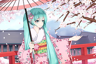 Hatsune Miko wearing kimono poster HD wallpaper
