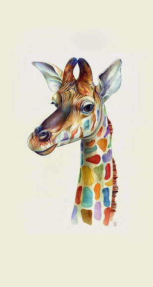 multicolored giraffe head painting, digital art, animals, simple background, illustration