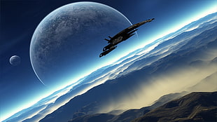 white and black space ship in galaxy overlooking moon