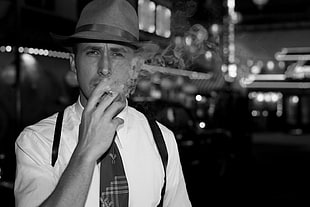 fedora hat, Ryan Gosling, Gangster Squad, movies, monochrome HD wallpaper