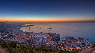 aerial photo of village, Monaco, sunset, sea, horizon