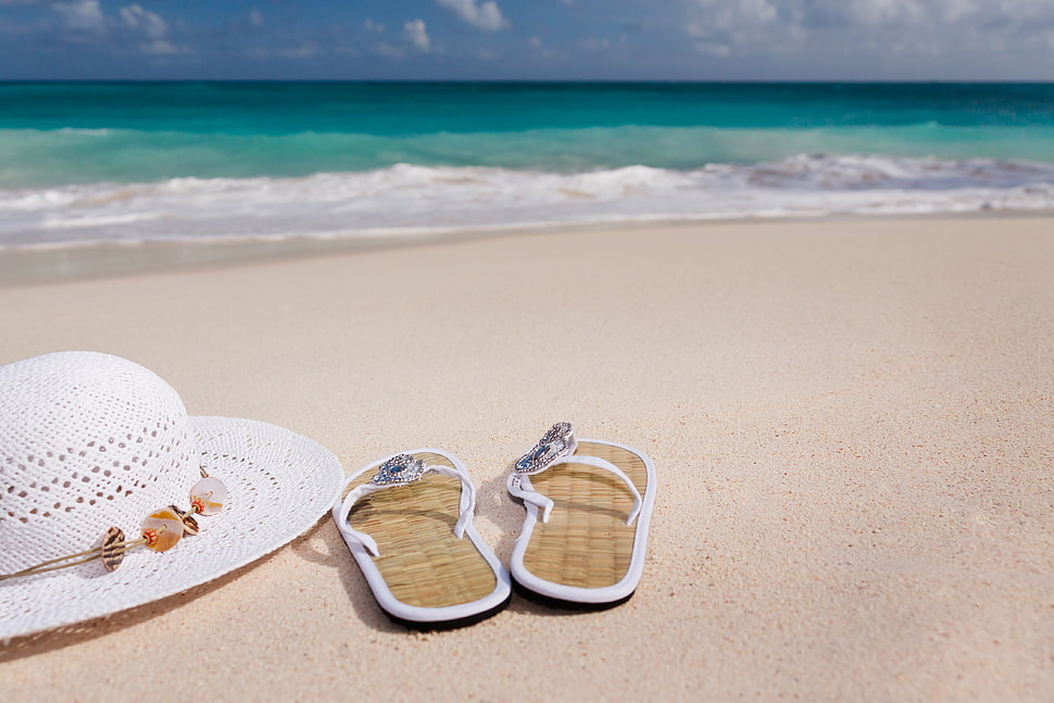 White Hat Beside White Flip Flops Near Short HD wallpaper