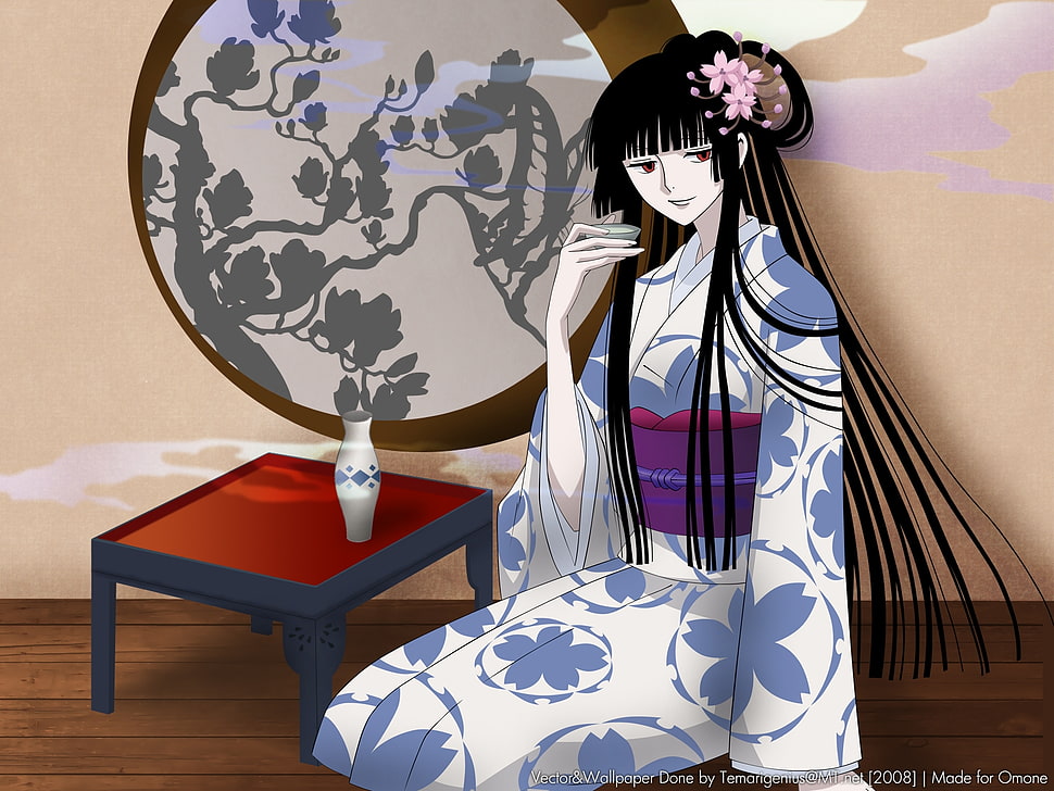 Woman with black hair in yukata japanese traditional dress anime character HD wallpaper