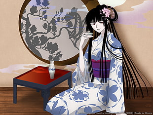 Woman with black hair in yukata japanese traditional dress anime character