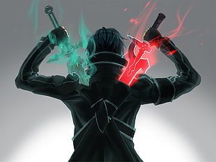 man with two green and red swords on his back animated photo