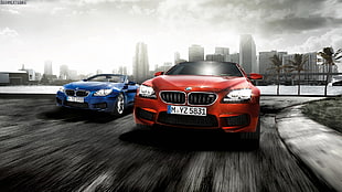red and blue BMW e-series