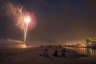 people viewing fireworks display during nighttime HD wallpaper