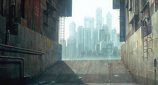 brown concrete alley, artwork, cityscape, mist, Ghost in the Shell
