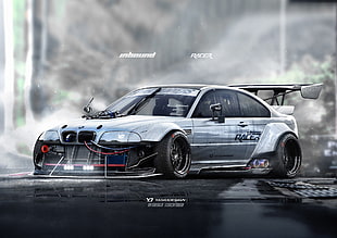 grey BMW racing card, car, YASIDDESIGN, render, artwork