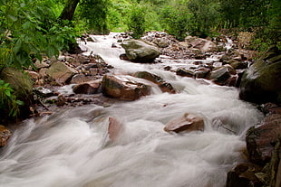 time-lapse photography of raging river with brown rocks at daytime, green river