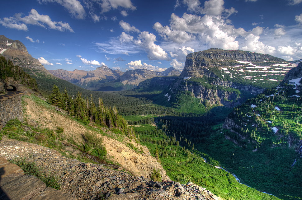 gray mountain, landscape, trees, mountains, clouds HD wallpaper