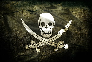 white pirate logo printed on black banner, pirates, Jolly Roger, skull, flag
