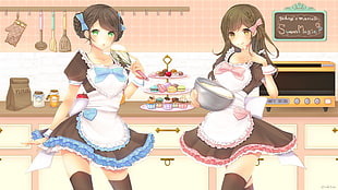 two female anime characters, kitchen, thigh-highs, cake, dress