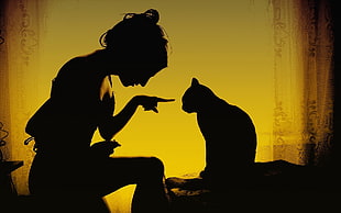 silhouette photo of woman and cat facing each other HD wallpaper