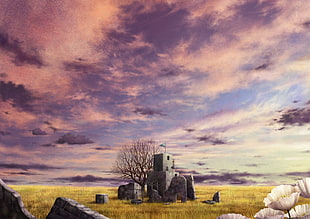 bare tree near gray building wallpaper, anime, sky