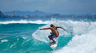 white and multicolored surfboard, waves, surfing, bikini, women HD wallpaper