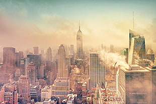 city buildings illustration, city, sky, morning, smoke HD wallpaper