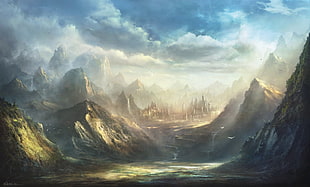 mountains, fantasy art, mountains, fantasy city, castle HD wallpaper