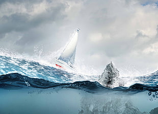 sailboat on sea beside white iceberg painting, sea, boat, underwater, rocks