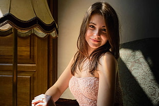 women's 2-tone white floral strapless top, women, brunette, model, Dana Kareglazaya HD wallpaper