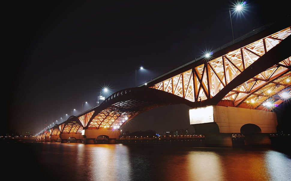 trucks under lighted gray bridge during night time HD wallpaper