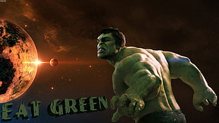 Incredible Hulk with eat green text overlay, Hulk, space, green, digital art