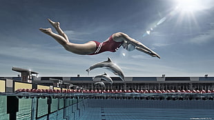person diving on olympic pool during daytime HD wallpaper