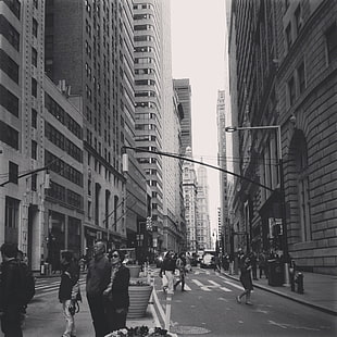 grayscale photography of road between buildings, New York City, city, monochrome, cityscape