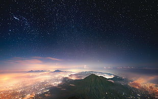 green mountain, landscape, nature, starry night, mist HD wallpaper