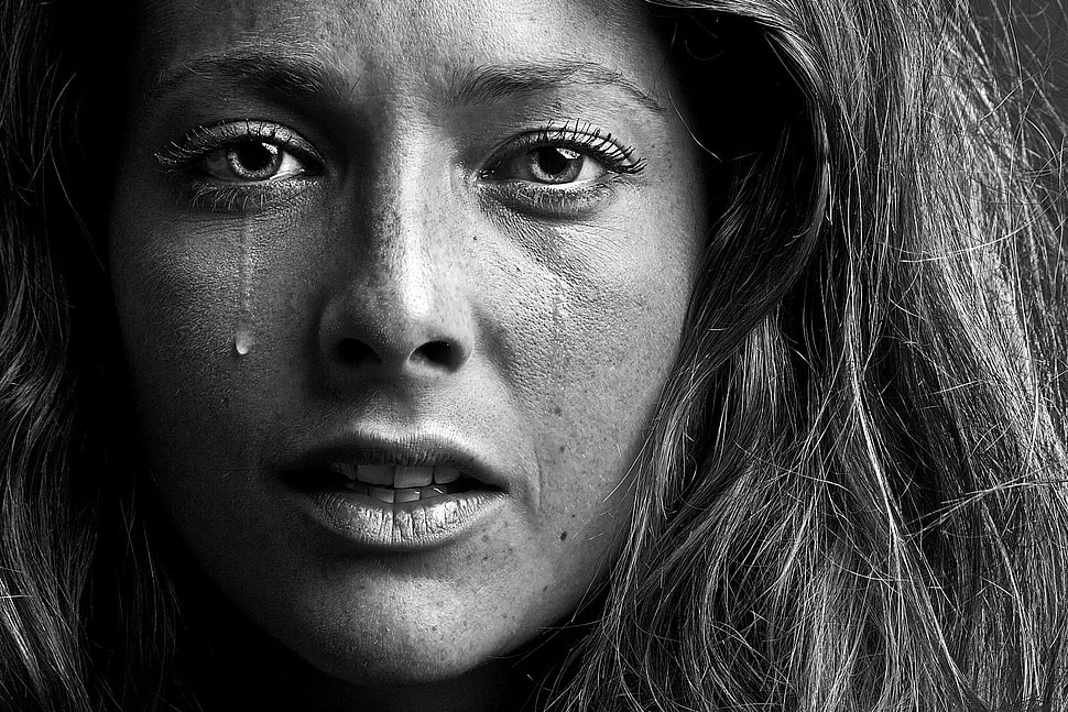 grayscale photo of woman crying HD wallpaper