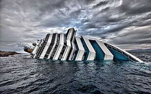 white and blue cruise ship, Costa Concordia, disaster, crash, ship