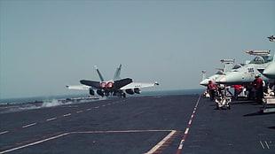 white fighter jet, afterburner, Boeing EA-18G Growler, Boeing E/A-18G Growler, USS Harry S. Truman
