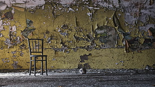 gray chair, abandoned, wall, chair, balls