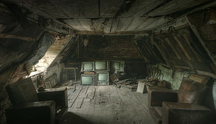 severa;l gray CRT TV's, dust, TV, attics