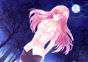 female anime with pink long hair
