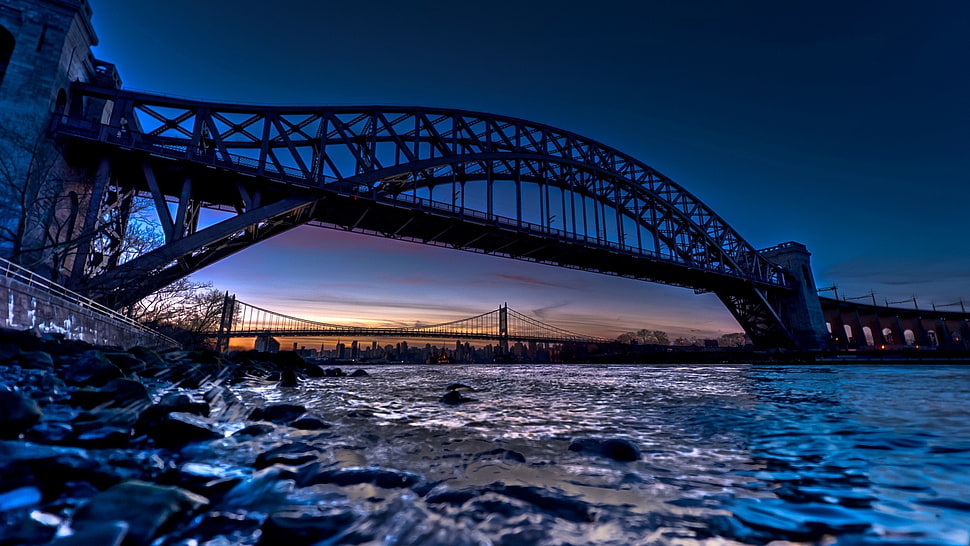 gray steel bridge, HDR, sunset, river, bridge HD wallpaper