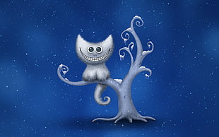 gray cat on tree digital wallpaper, digital art, minimalism, Cheshire Cat, snow