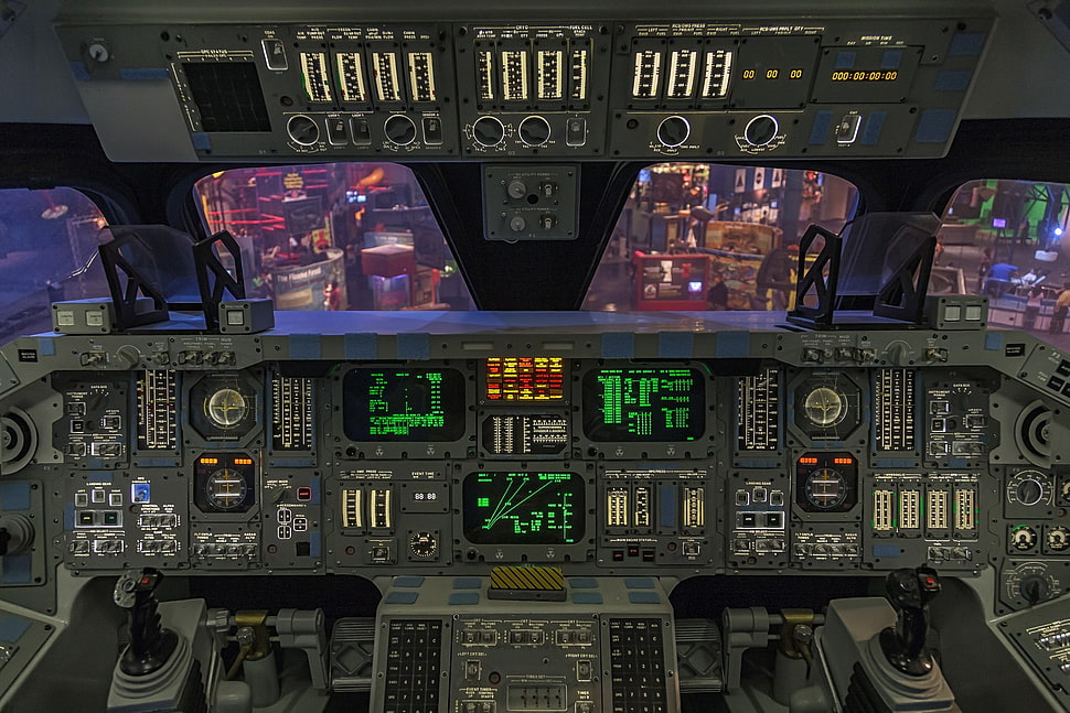 gray and black simulation room, space shuttle, NASA, space HD wallpaper