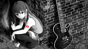 girl leaning wall with black Les Paul electric guitar on grayscale photography