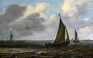 brown sailboat, painting, sailing ship, sea, sky