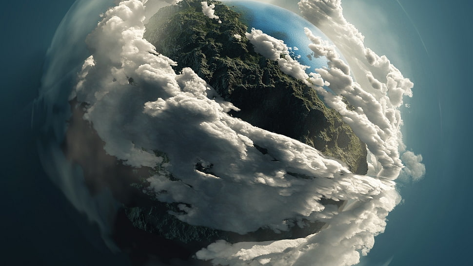 fish eye photography of island, digital art, space art, planet, clouds HD wallpaper