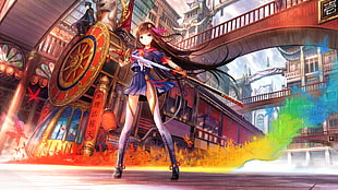 female anime character carrying red sword graphic wallpaper