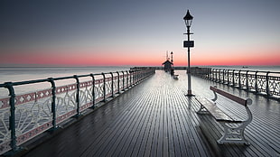 black wooden dock and brown wooden bench, Cardiff, sea, England, landscape