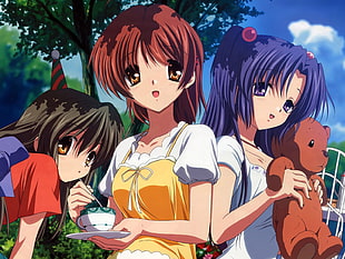 three women anime characters illustration