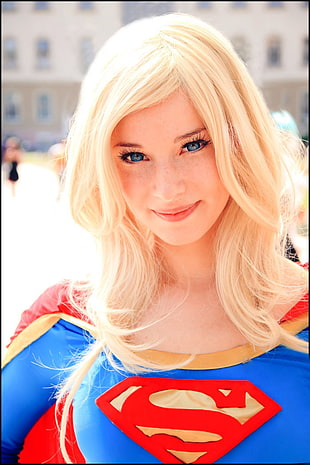 Superwoman costume, Supergirl, blonde, blue eyes, Enji night HD wallpaper