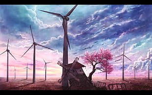 windmill wallpaper, artwork, anime, trees